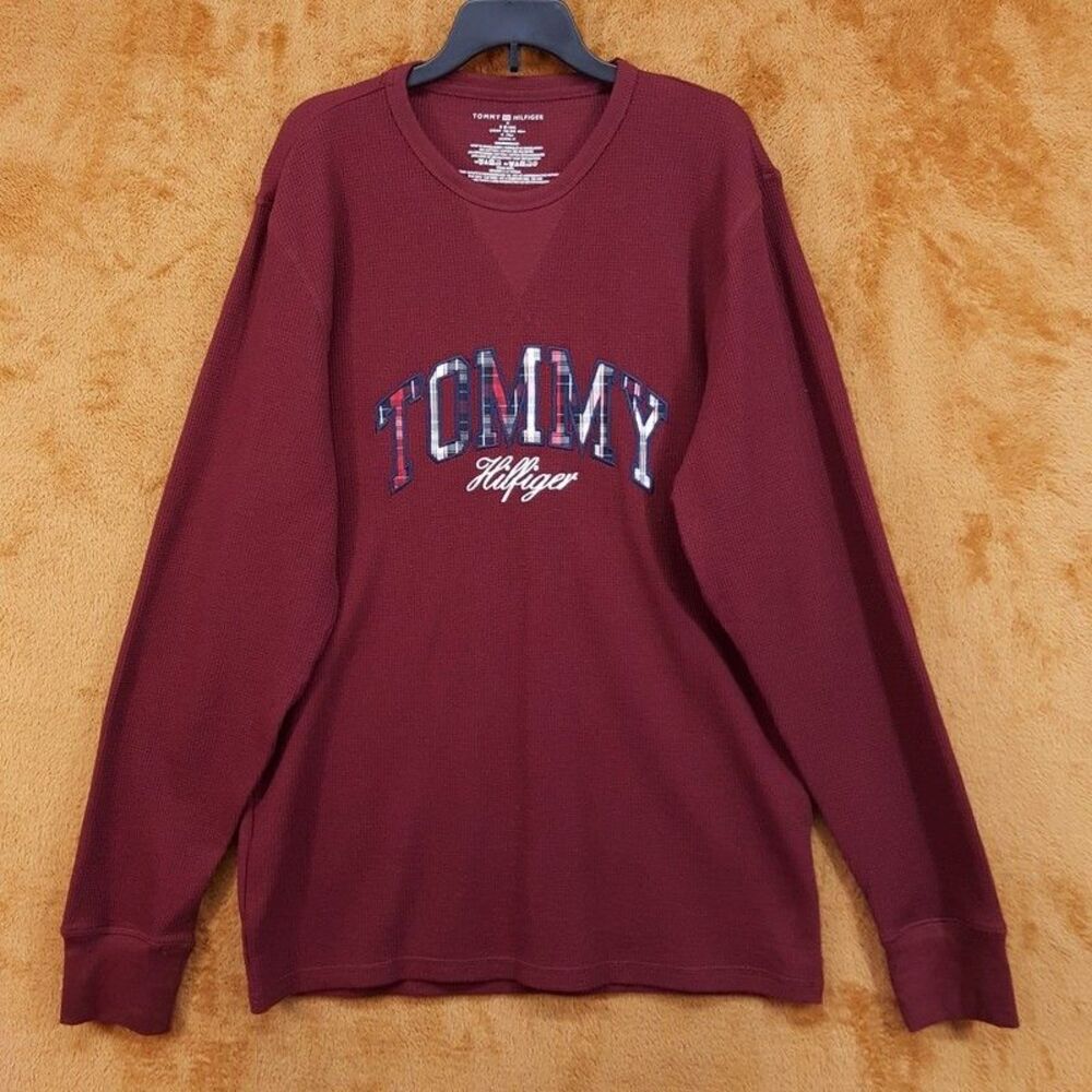 TOMMY HILFIGER Shirt Mens XL Maroon Pullover Thermal Waffle Knit Casual Logo